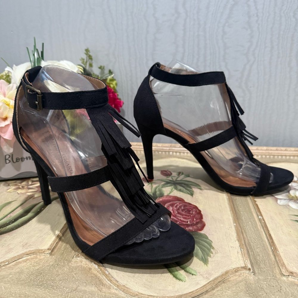 Christian Siriano Kactus Black Faux Suede Fringe Heels Sandals Strappy NIB 8.5